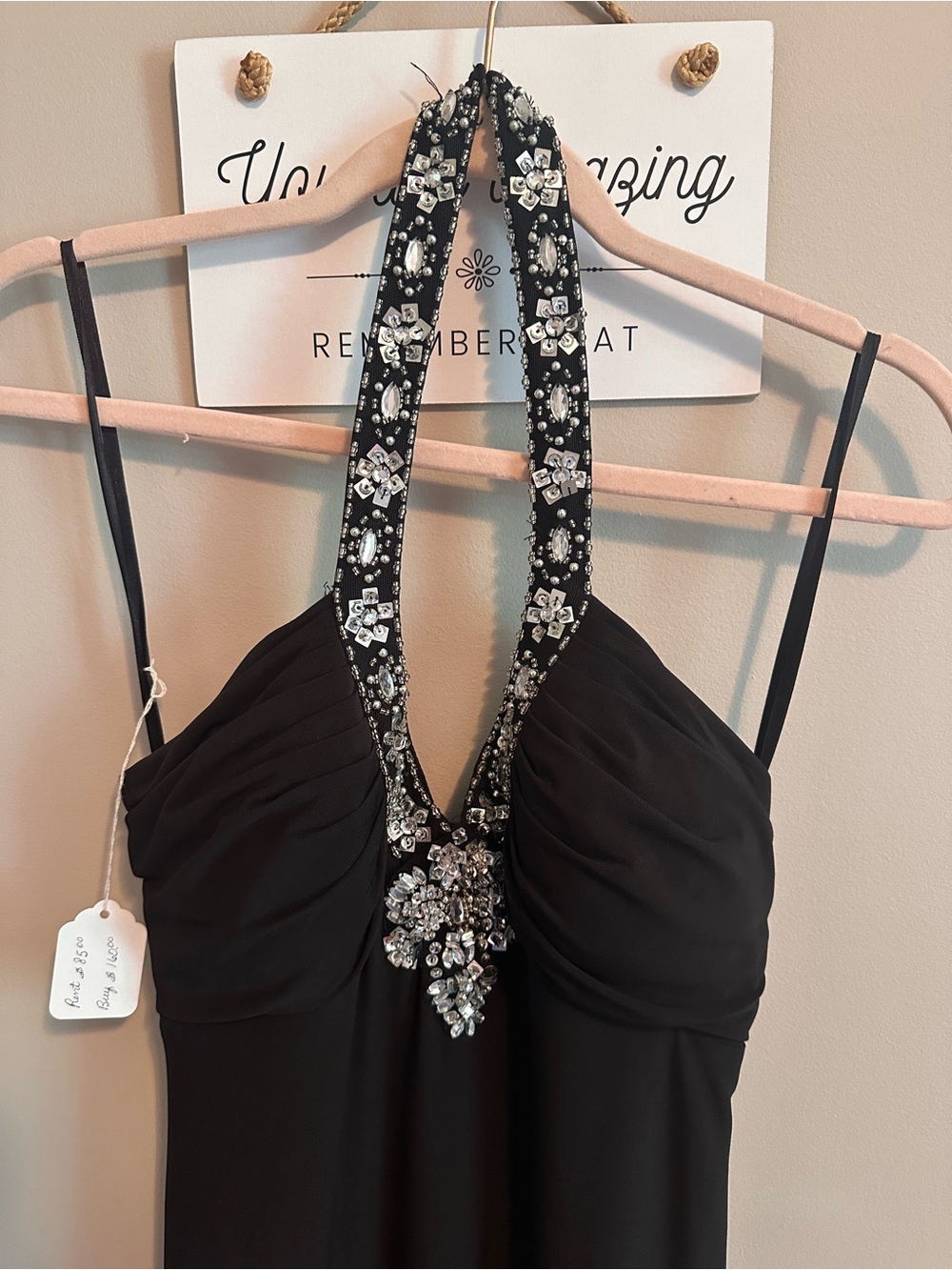 Betsy & Adam Black Maxi Dress with Crystal Bib - Picture 2 of 6